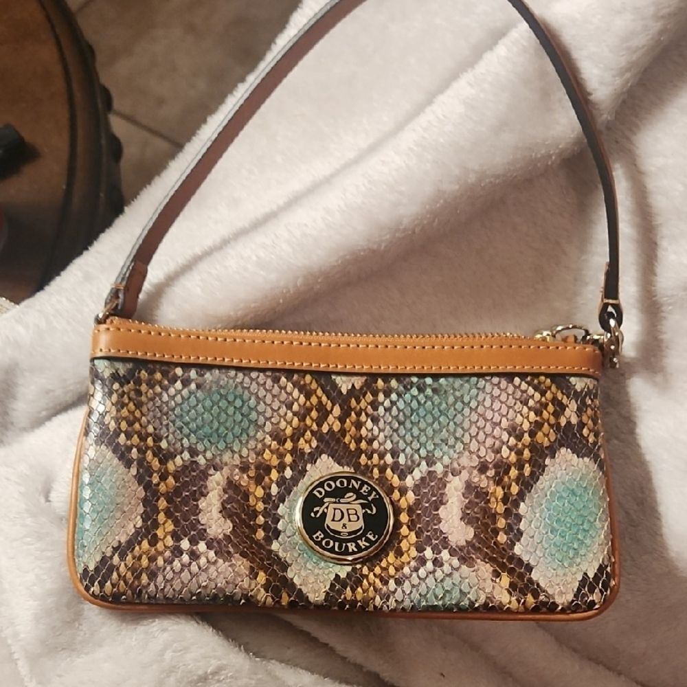 Dooney & Bourke Snake Print Clutch with Blue and Brown Accents